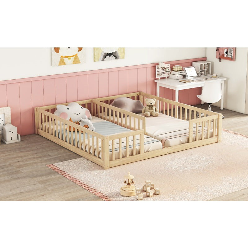 Modern Double Twin Floor Bed with Guardrails - Natural Finish, No Door, Mattress Not Included