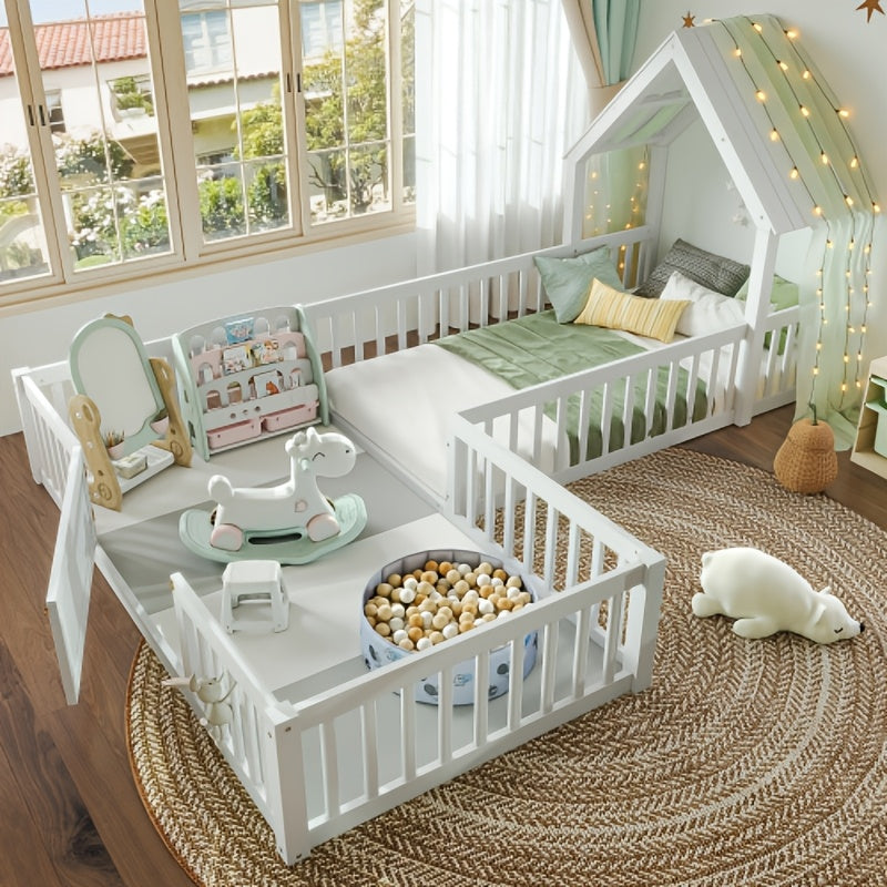 Full Size House Floor Bed, Double Full Floor Bed With Door And Full-length Guardrails, Multi-function Design, White