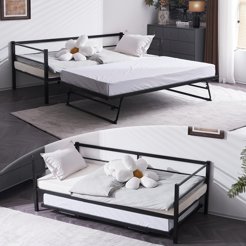 Bonnlo Heavy Duty Twin Bed with Pop Up Trundle, Metal Twin Daybed No Box Spring Needed, Not Included Mattress