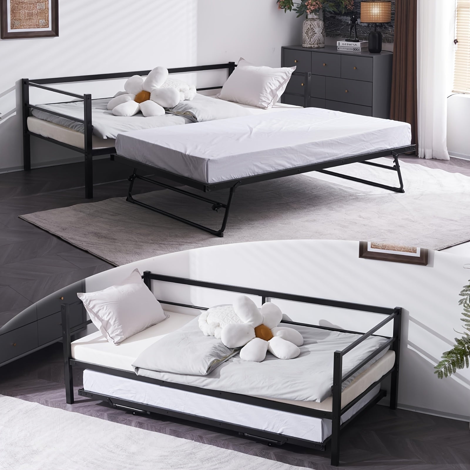 Bonnlo Heavy Duty Twin Bed with Pop Up Trundle, Metal Twin Daybed No Box Spring Needed, Not Included Mattress