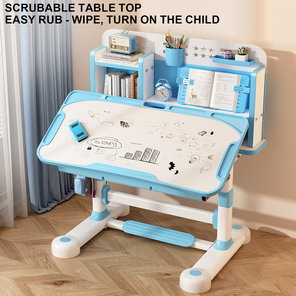 2pcs ' Adjustable Height Study Table & Chair Set with Bookshelf, Footboard & Partition - Ergonomic Learning Desk for \u002F Room, to Teen, Pink\u002FBlue (Metal & Wood), Space-Saving