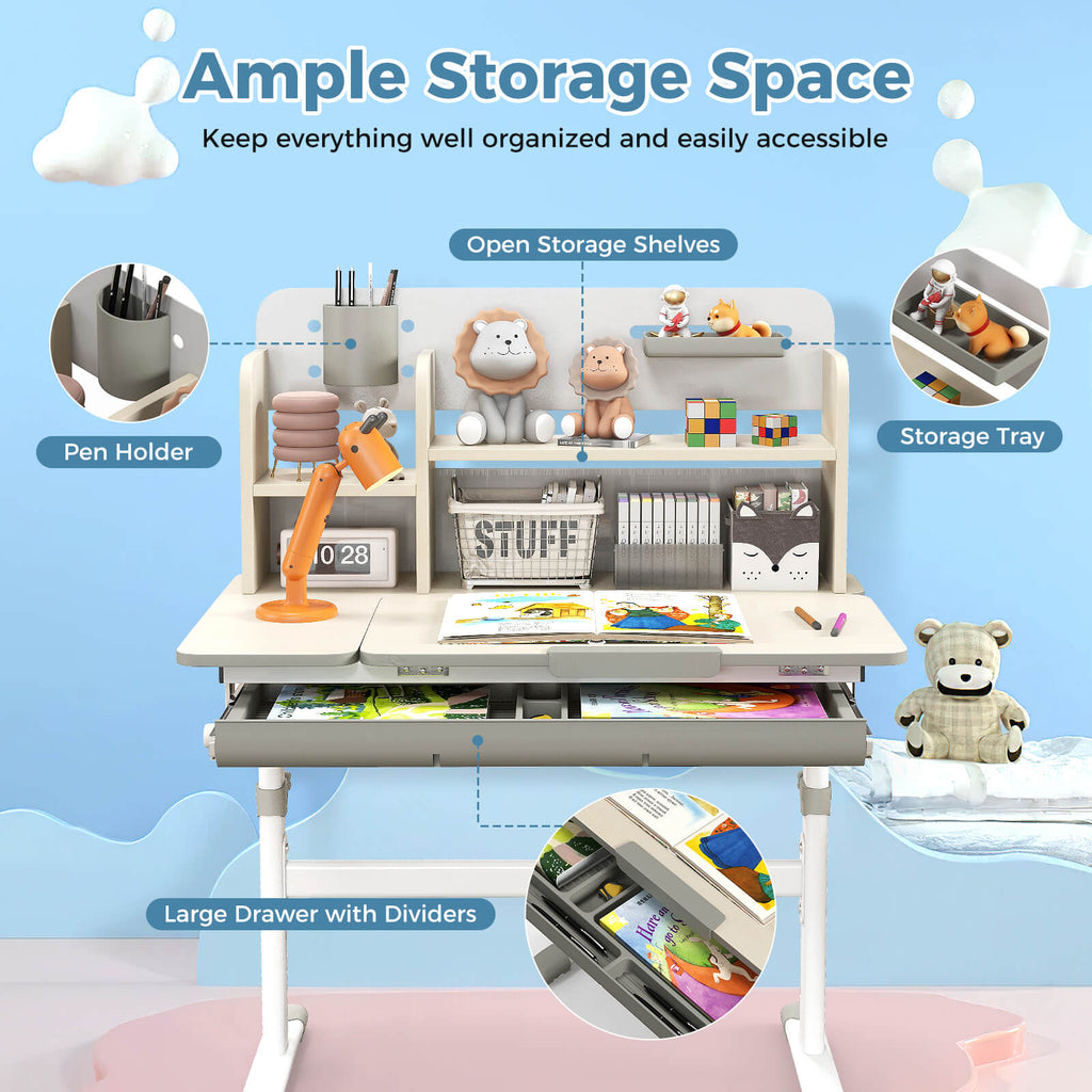 COSTWAY Kids Study Desk Multifunctional Study Table w\u002F Tiltable Desktop Book Stand
