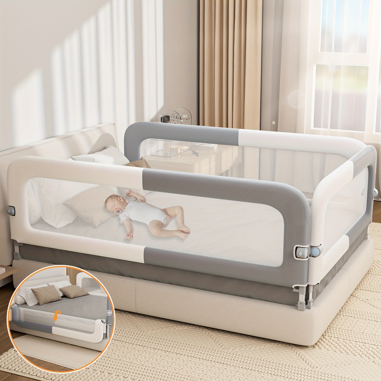 Three Sides Bed Rail for Toddlers, Foldable Steady U-Shape Seamless Design for King Size Bed\u002F78.74x78.74x74\