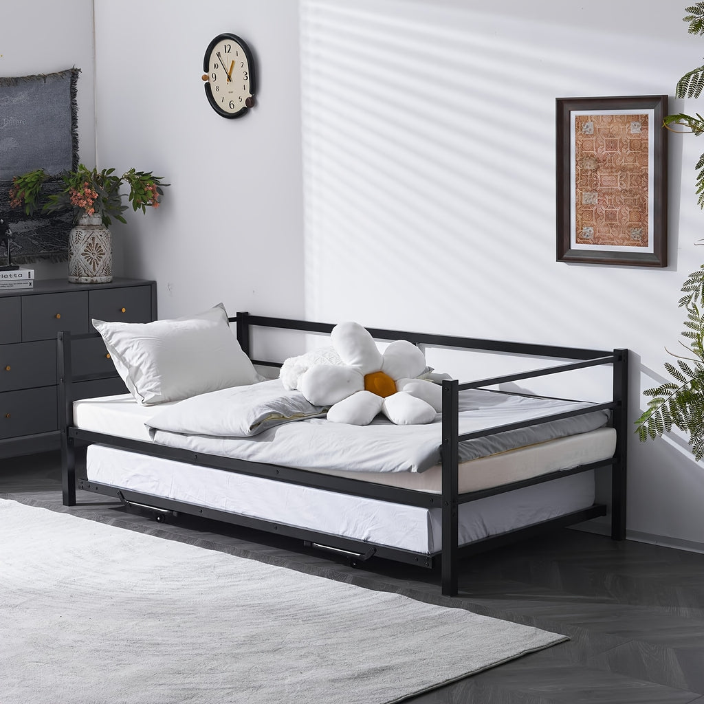 Bonnlo Heavy Duty Twin Bed with Pop Up Trundle, Metal Twin Daybed No Box Spring Needed, Not Included Mattress