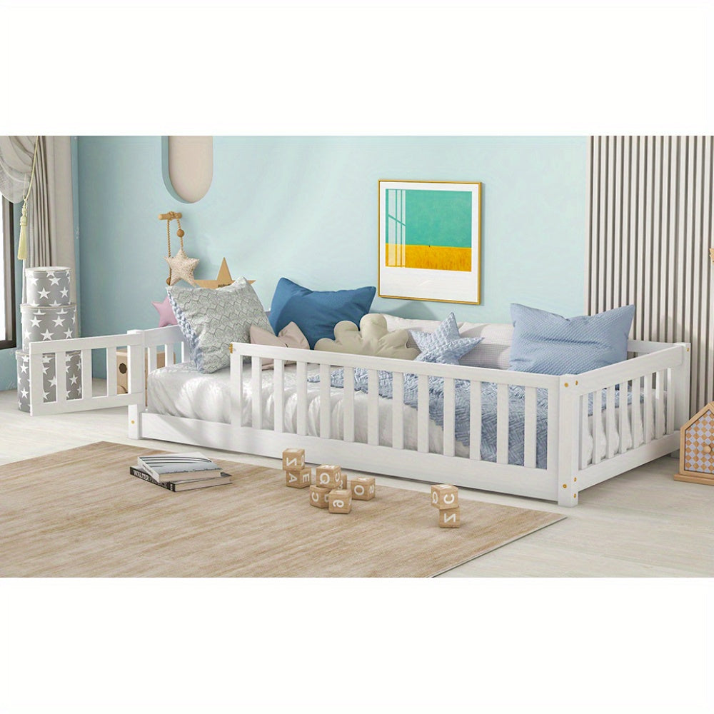 Twin Size Floor Bed with Fence and Door, Rubber Wood Floor Bed with Safety Guardrails, White