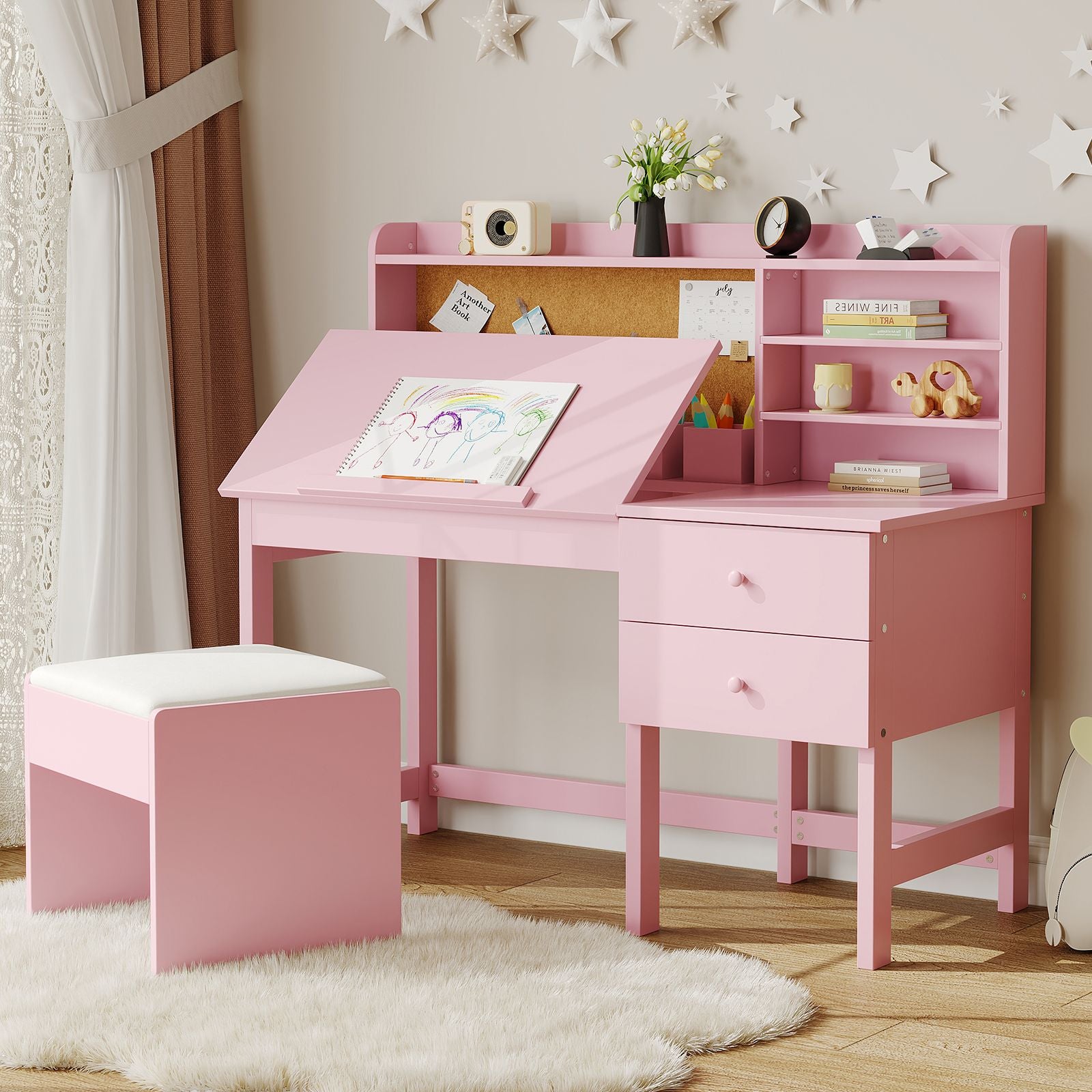 Kids Desk and Chair Set with Adjustable Tilt Table, Drawers & Cork Board - Study Desk Suitable for Boys & Girls Ages 3-8, Learning Table with Storage & Organization for,, Playroom