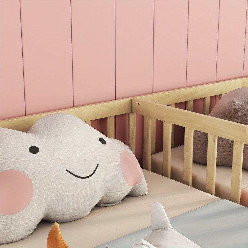 Modern Double Twin Floor Bed with Guardrails - Natural Finish, No Door, Mattress Not Included