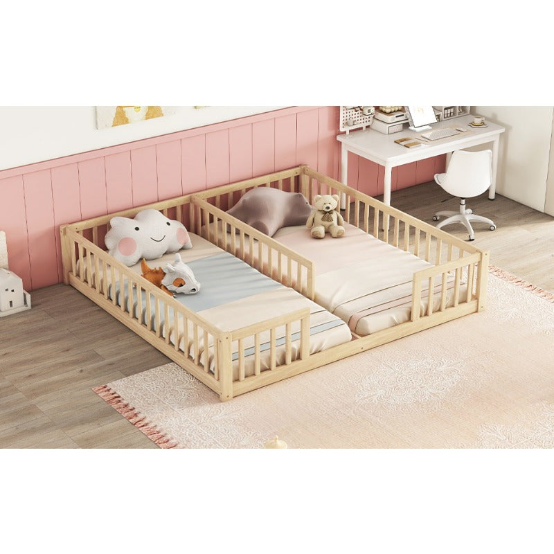Modern Double Twin Floor Bed with Guardrails - Natural Finish, No Door, Mattress Not Included