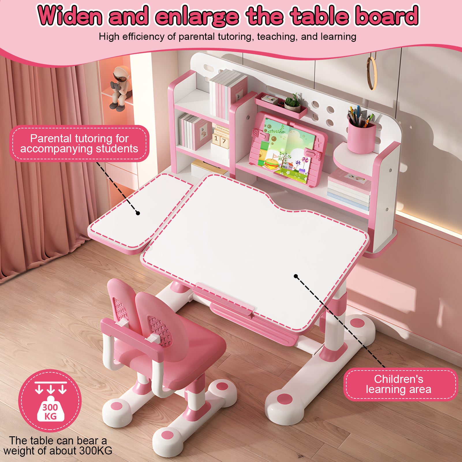 1 X Children's Study Table Study Table and Chair Set, Adjustable Children's Table and Chair with Bookshelf and Storage Drawer, 50 Degree Slopable Desktop Study Table, Chair with Chair Bedroom Study Room 46.85\