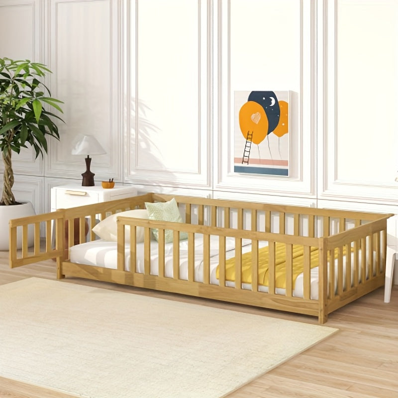 Twin Size Floor Bed with Fence and Door, Rubber Wood Floor Bed with Safety Guardrails, White