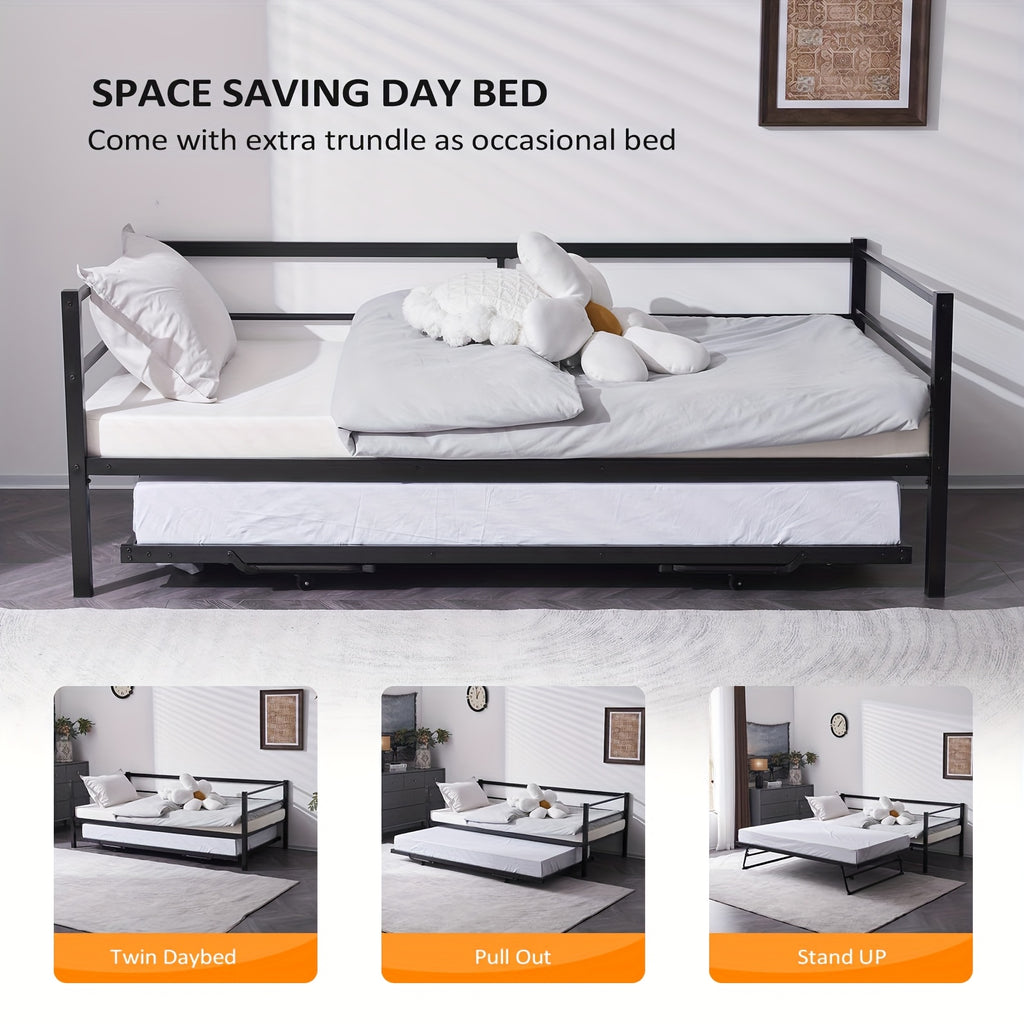 Bonnlo Heavy Duty Twin Bed with Pop Up Trundle, Metal Twin Daybed No Box Spring Needed, Not Included Mattress