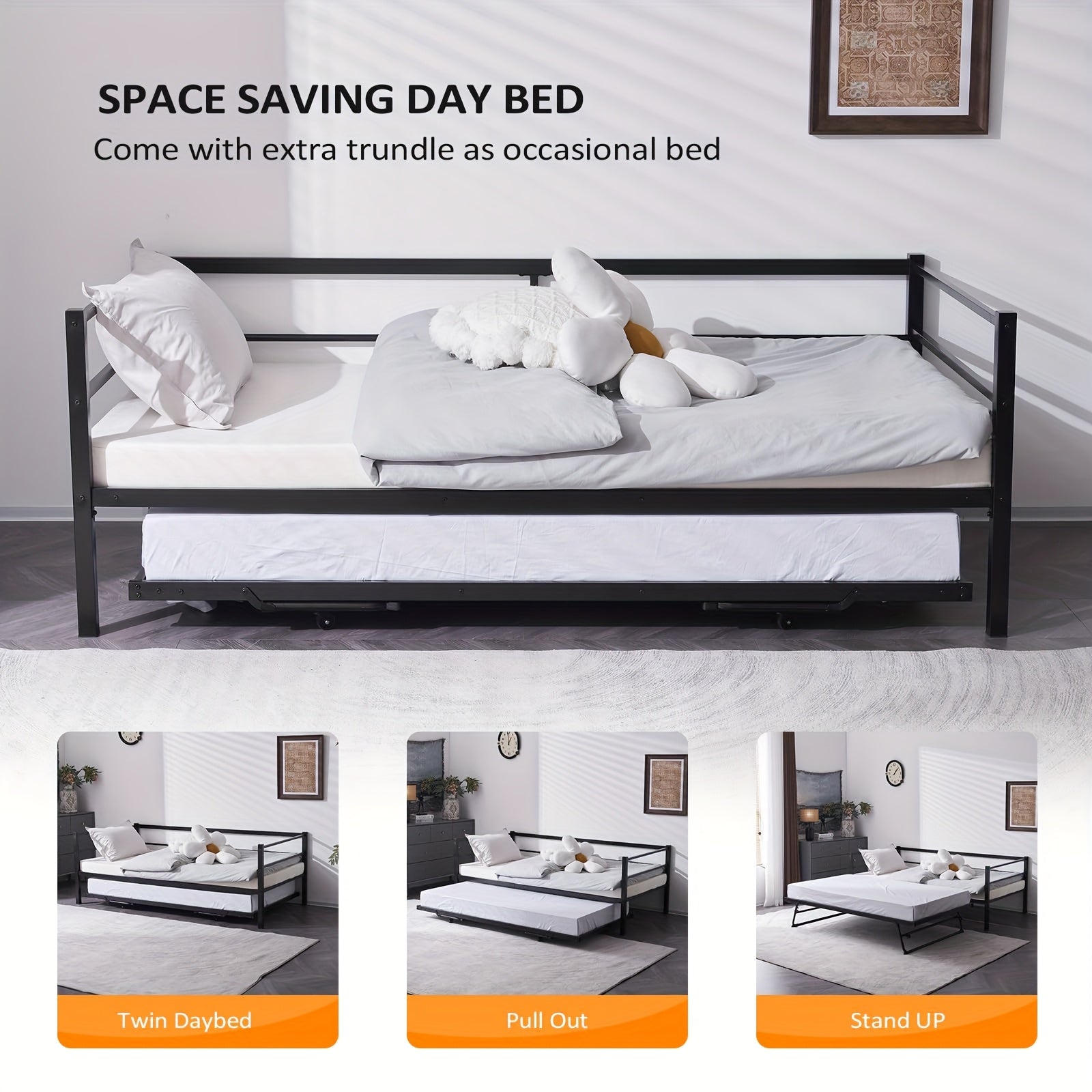 Bonnlo Heavy Duty Twin Bed with Pop Up Trundle, Metal Twin Daybed No Box Spring Needed, Not Included Mattress