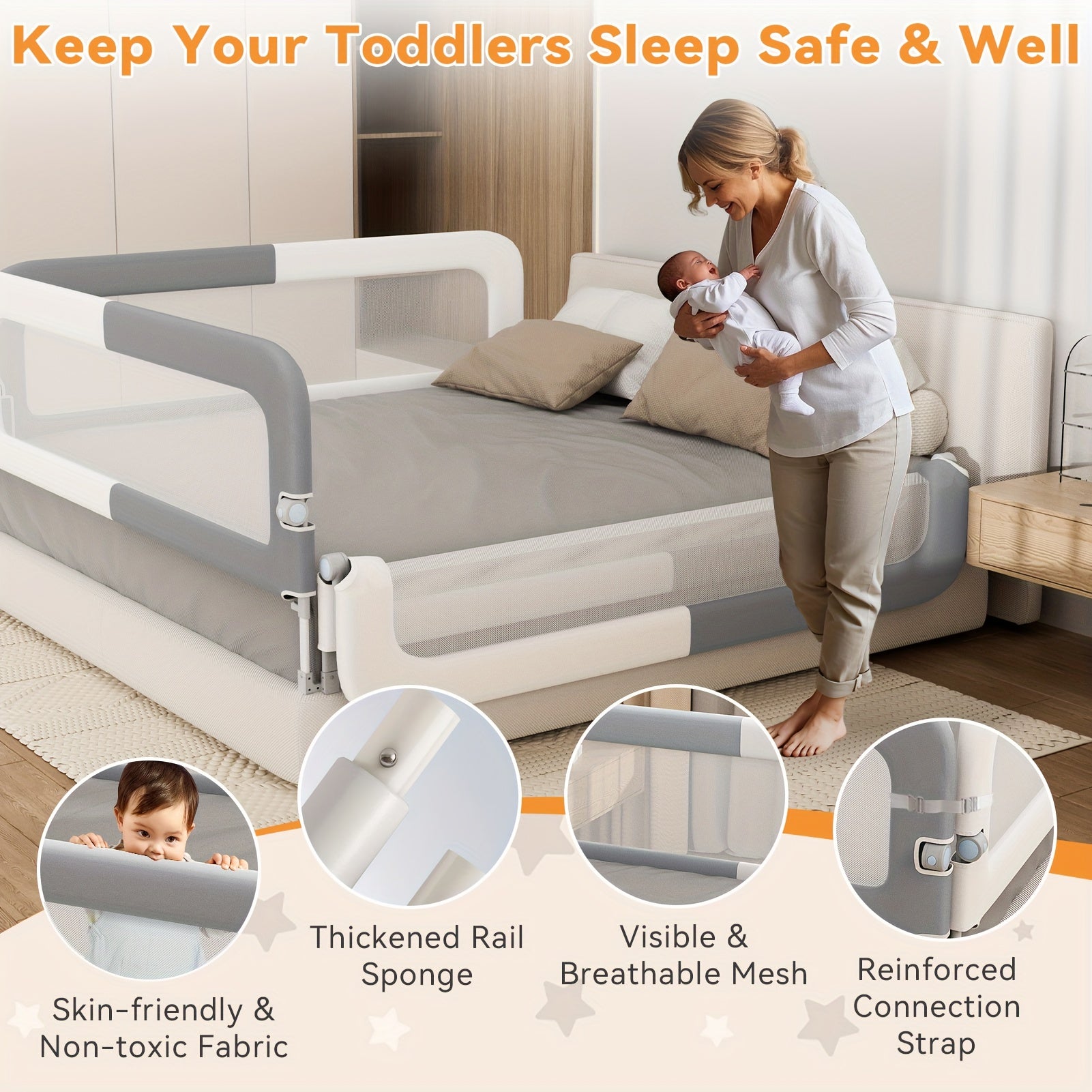 Three Sides Bed Rail for Toddlers, Foldable Steady U-Shape Seamless Design for King Size Bed\u002F78.74x78.74x74\