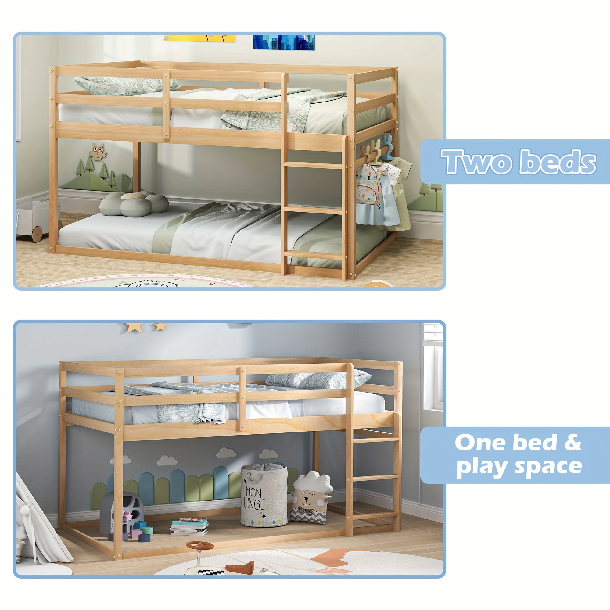 Kids Twin-Over-Twin Low Bunk Bed with Ladder & Full Guardrails, Solid Wood Floor Bunk Bed for Boys\u002FGirls, Junior Bedroom Space-Saver