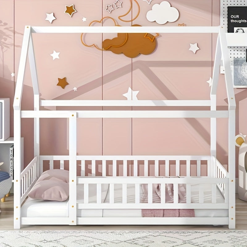 Twin Over Twin House-Shaped Bunk Bed with Guardrails & Ladder - Low Profile Bed Suitable for &, Space-Saving Rubber Wood Bed with Wide Step Ladder and House Roof