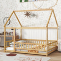 Twin Over Twin House-Shaped Bunk Bed with Guardrails & Ladder - Low Profile Bed Suitable for &, Space-Saving Rubber Wood Bed with Wide Step Ladder and House Roof