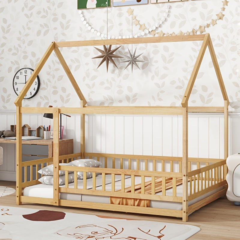 Twin Over Twin House-Shaped Bunk Bed with Guardrails & Ladder - Low Profile Bed Suitable for &, Space-Saving Rubber Wood Bed with Wide Step Ladder and House Roof