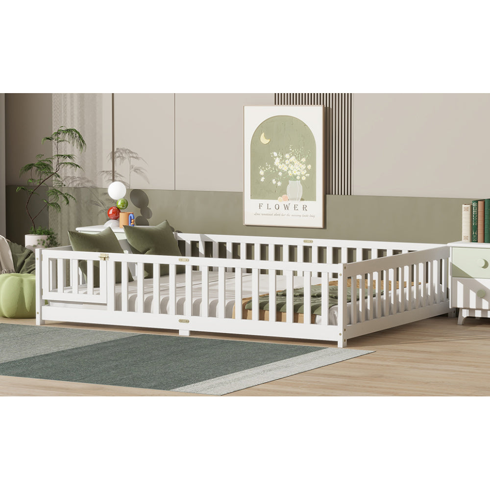 Queen Size Floor Bed with Fence, Door, Rubber Wood Floor Bed with Safety Guardrails, White