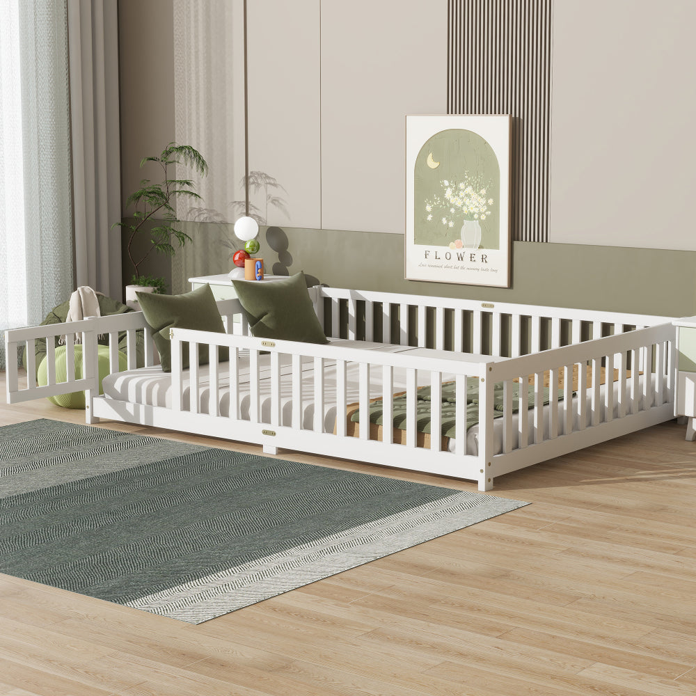 Queen Size Floor Bed with Fence, Door, Rubber Wood Floor Bed with Safety Guardrails, White