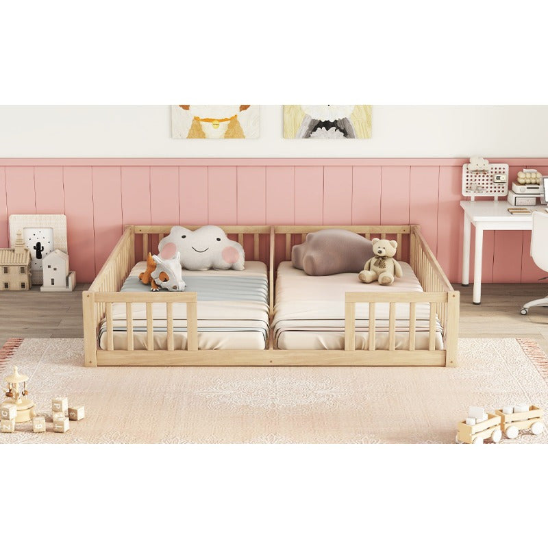 Modern Double Twin Floor Bed with Guardrails - Natural Finish, No Door, Mattress Not Included