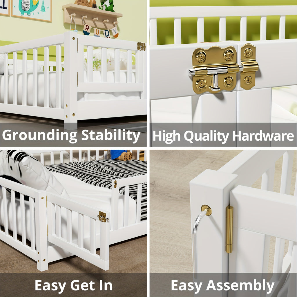 Kids' Solid Wood Bed Kids' Double\u002FFull\u002FQueen Bed Frame, Solid Wood with Reinforced Horizontal Bars, High-Safety Safety Rail and Fun Small Door Design, Durable Bed Suitable for Girls and Boys, Helps Develop Independence, Easy to Assemble