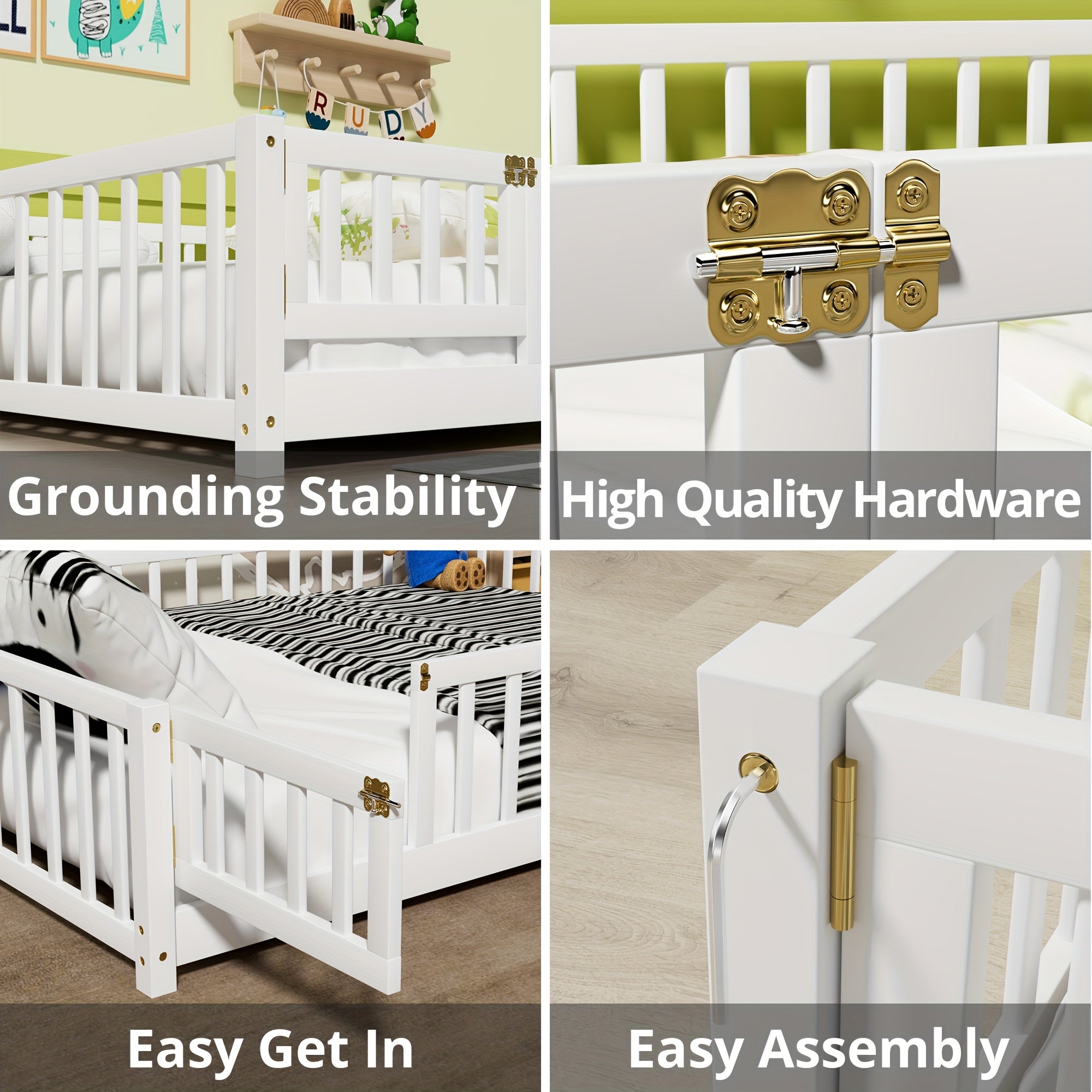 Kids' Solid Wood Bed Kids' Double\u002FFull\u002FQueen Bed Frame, Solid Wood with Reinforced Horizontal Bars, High-Safety Safety Rail and Fun Small Door Design, Durable Bed Suitable for Girls and Boys, Helps Develop Independence, Easy to Assemble