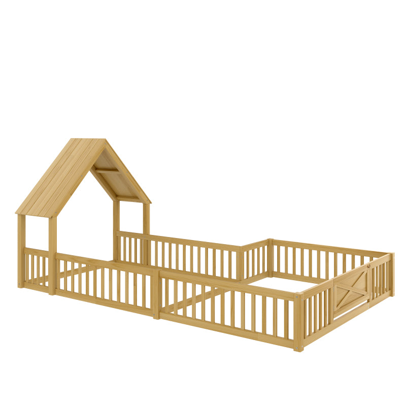 Full Size House Floor Bed Double Full Floor Bed with Door and Full-length Guardrails Multi-function Design Natural